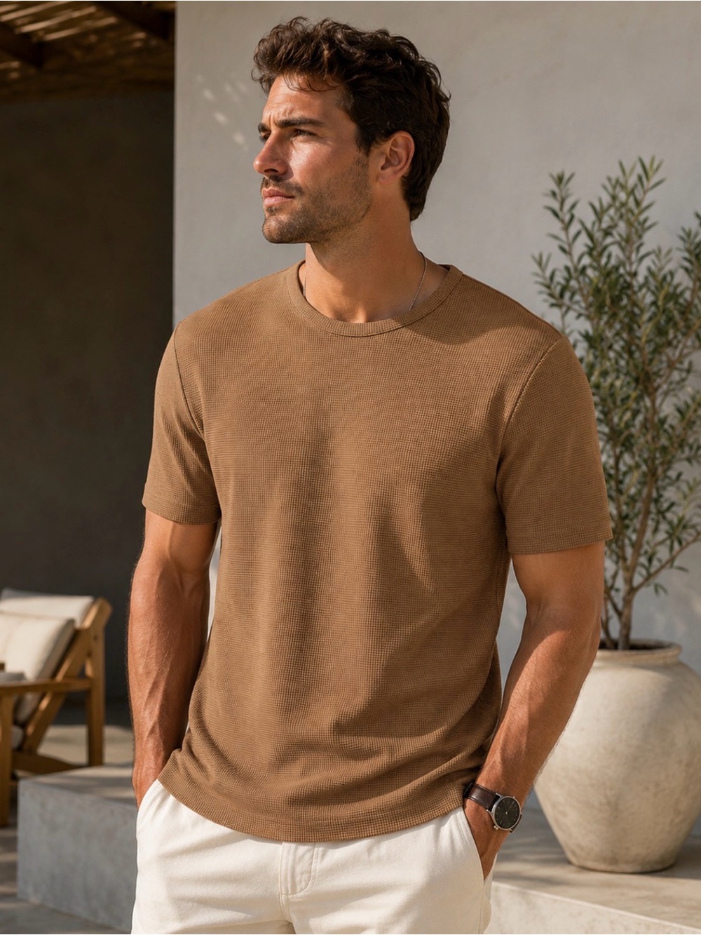Men’s Waffle Knit Summer Tee | Breathable Casual Crew Neck Shirt 🤎